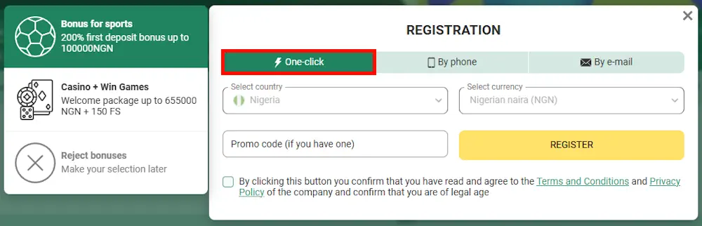 Betwinner One-click registration Screenshot